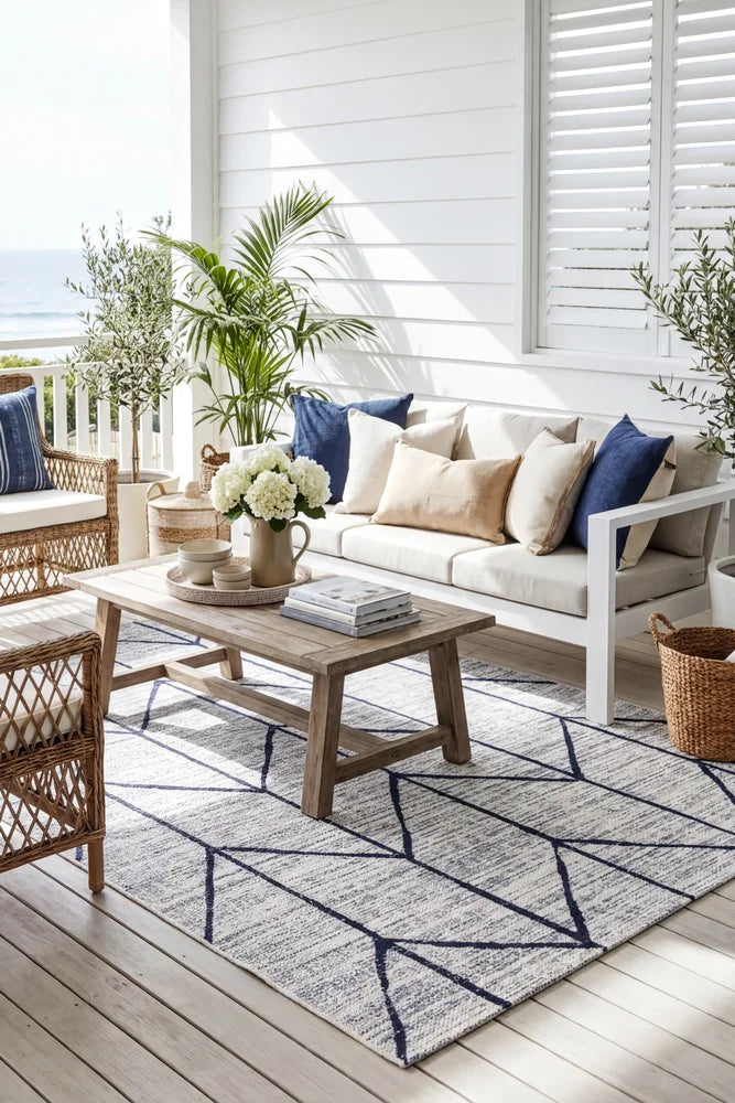 Mirada Cream Blue Outdoor Rug — styled outdoor setting
