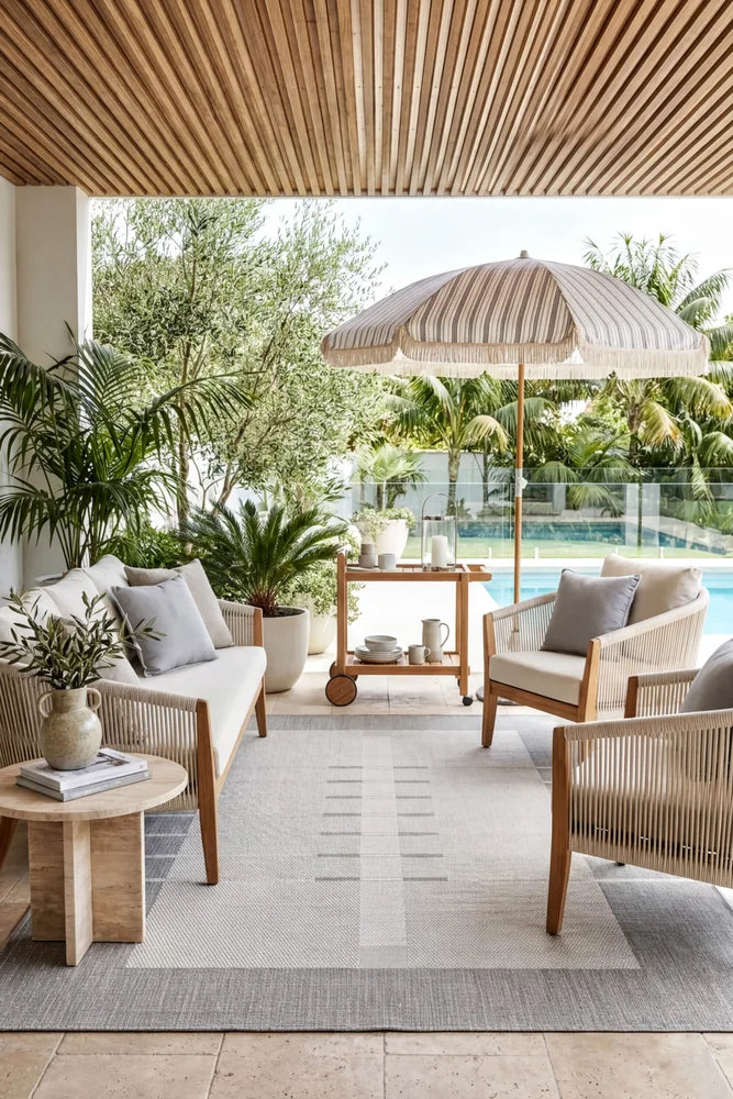 Samba Silver Cream Outdoor Rug — styled outdoor setting