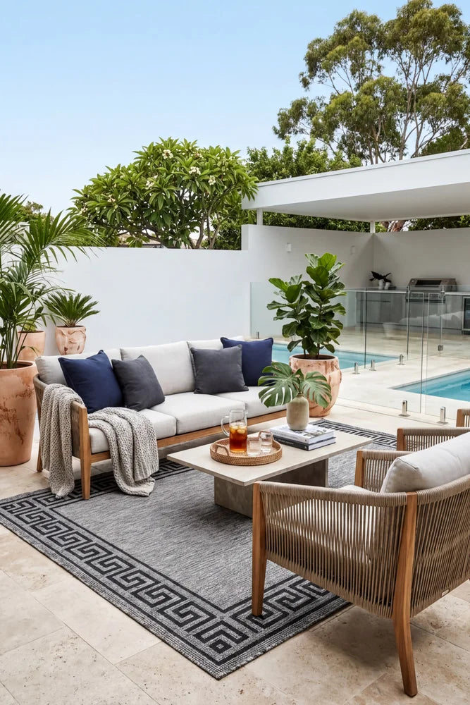 Alaska Indoor Outdoor 81 Grey Rug — styled outdoor setting