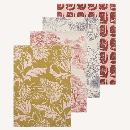 Ted Baker designer rugs with baroque floral, blossom and block-print patterns in green, pink and red