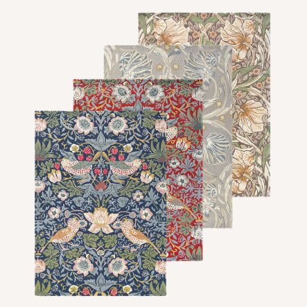 William Morris designer rugs including Strawberry Thief with birds and the Pimpernel floral pattern