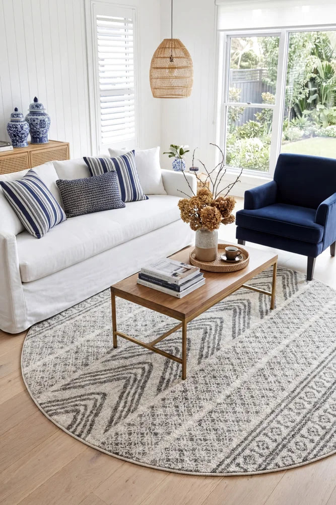 Adani Modern Tribal Design Grey Round Rug — AI styled visualisation