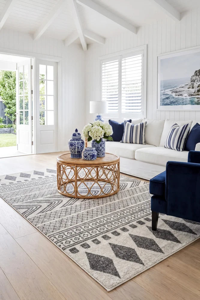 Adani Modern Tribal Design Grey Rug — AI styled visualisation