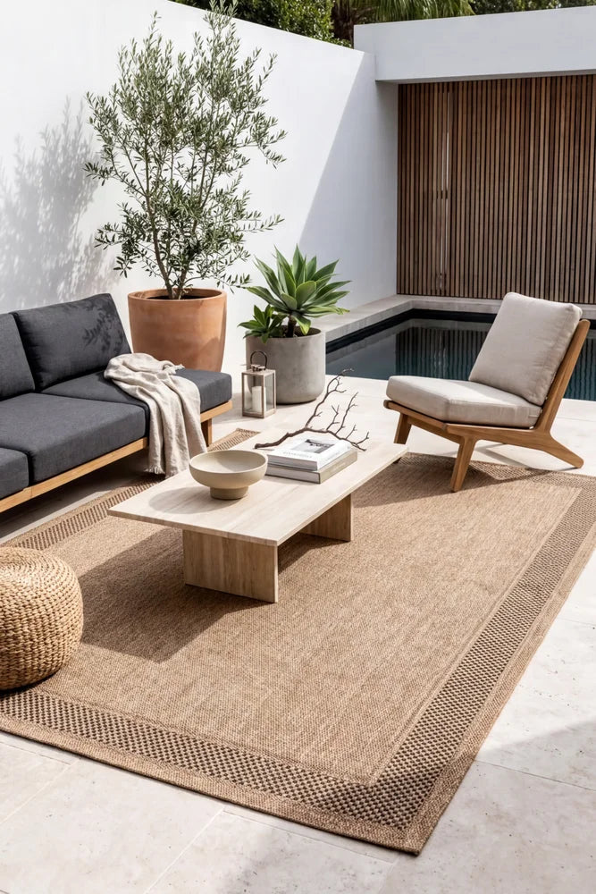 Akita Black Indoor Outdoor Rug — AI styled visualisation