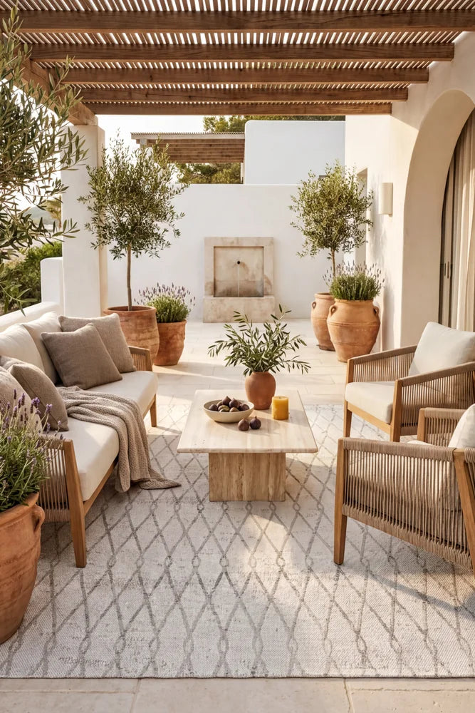 Alma 28 Cream Beige Outdoor Rug — styled outdoor setting