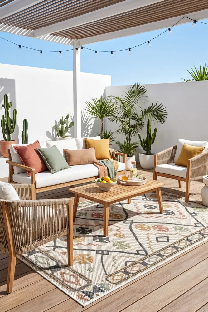 Montana Tenochca Outdoor Rug — styled outdoor setting