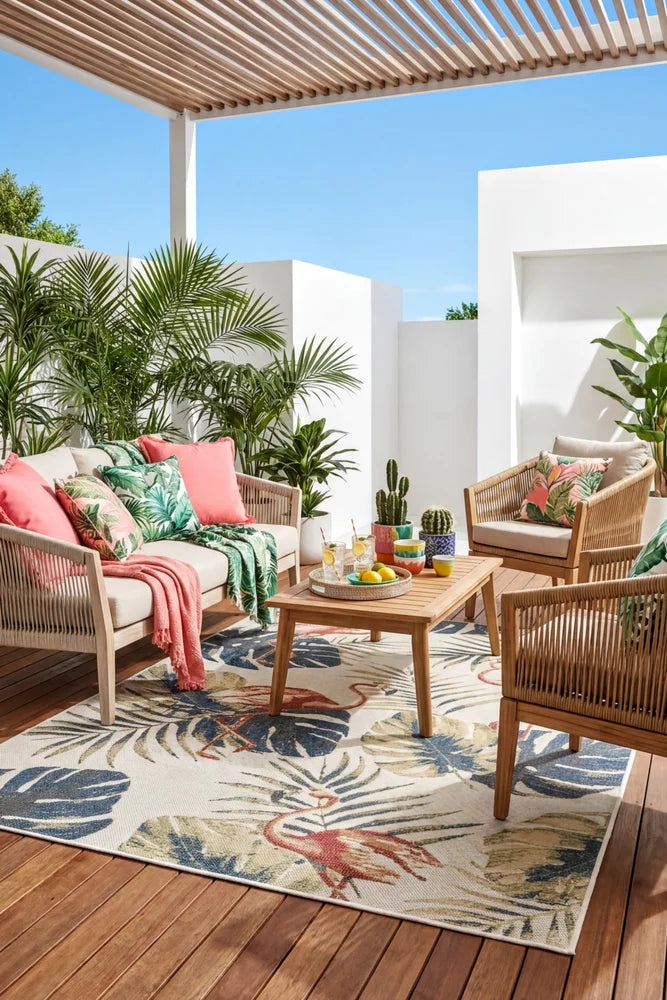 Montana Flamingo Outdoor Rug — styled outdoor setting