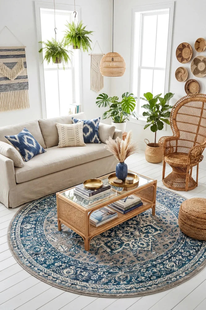 Babylon 207 Blue Round Rug — AI styled visualisation