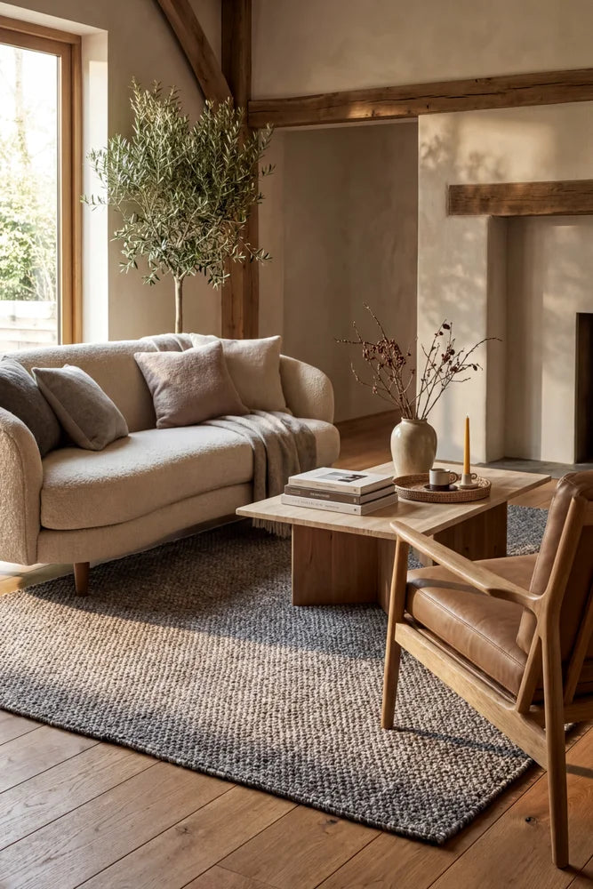 Basket Stone Wool Rug — AI styled visualisation