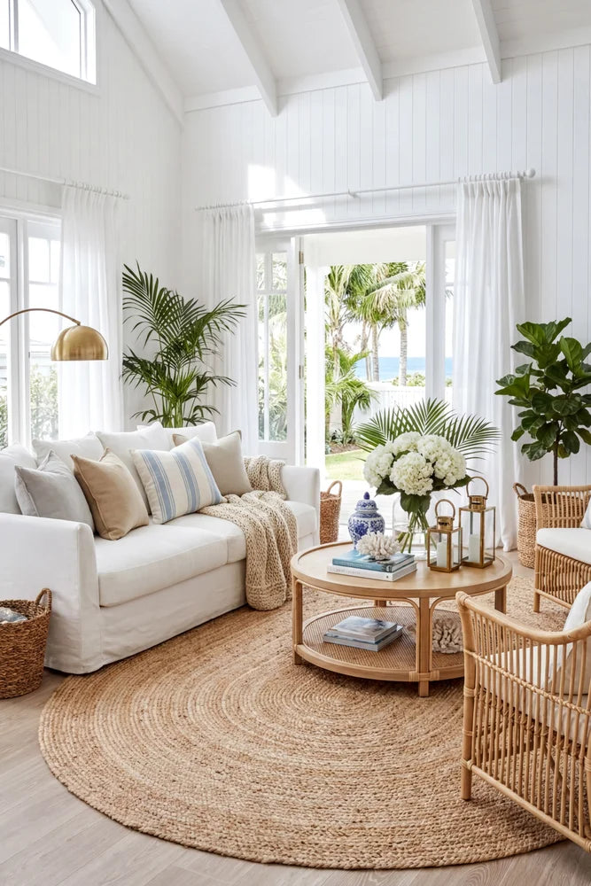 Bondi Natural Oval Rug — AI styled visualisation