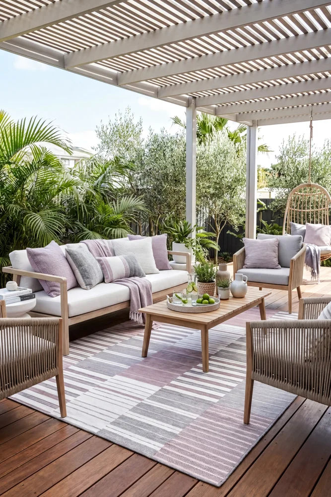 Vermont 54 Lilac Outdoor Rug — styled outdoor setting
