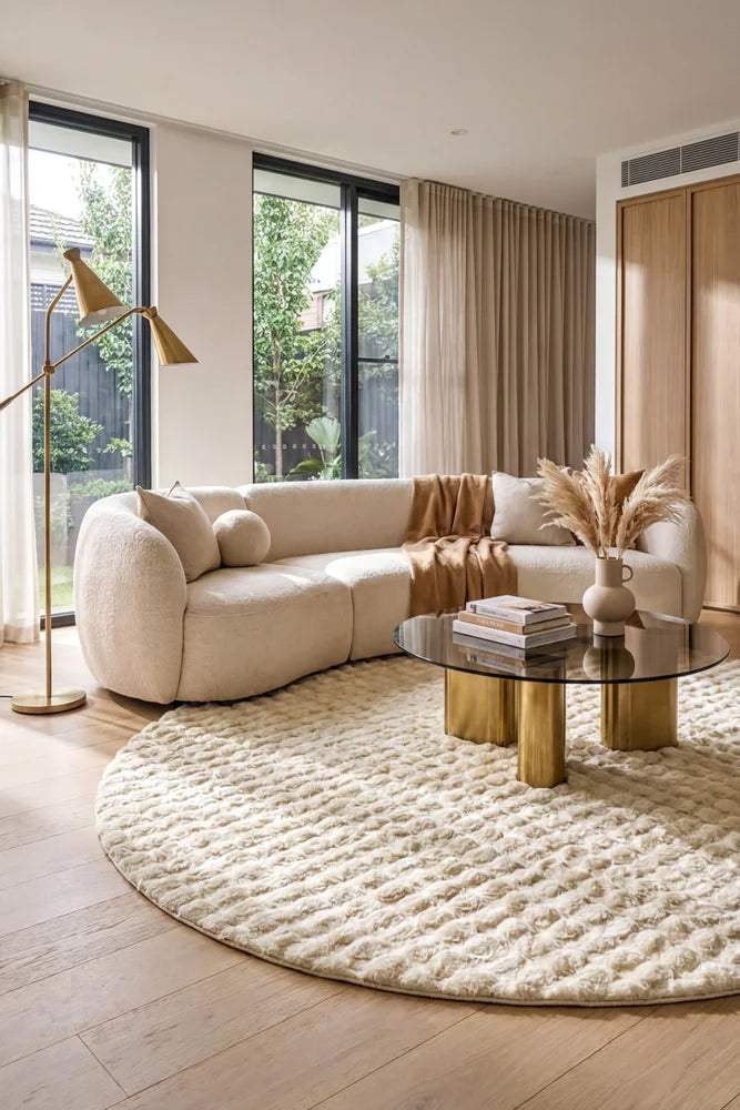 Bubble Natural Round Machine Washable Rug — AI styled visualisation