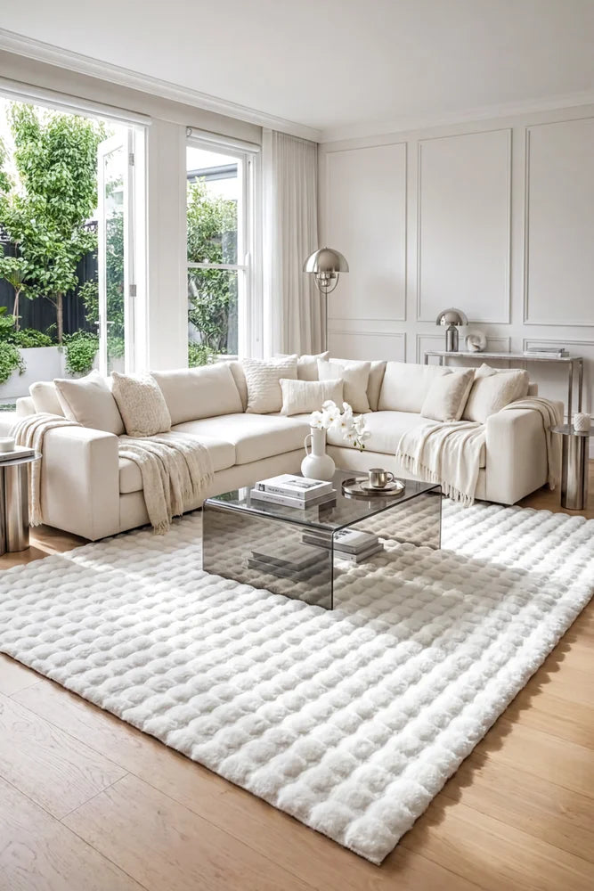 Bubble White Machine Washable Rug — AI styled visualisation