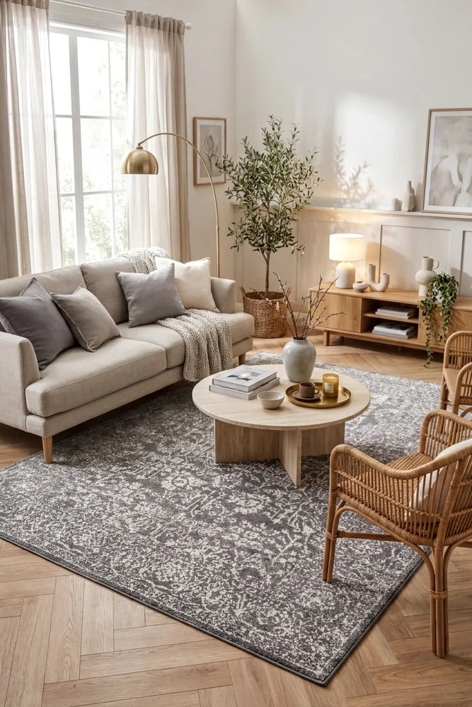 Evoke Homage Grey Transitional Rug — AI styled visualisation