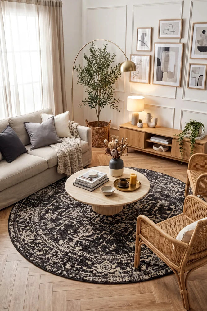 Evoke Scape Charcoal Transitional Round Rug — AI styled visualisation