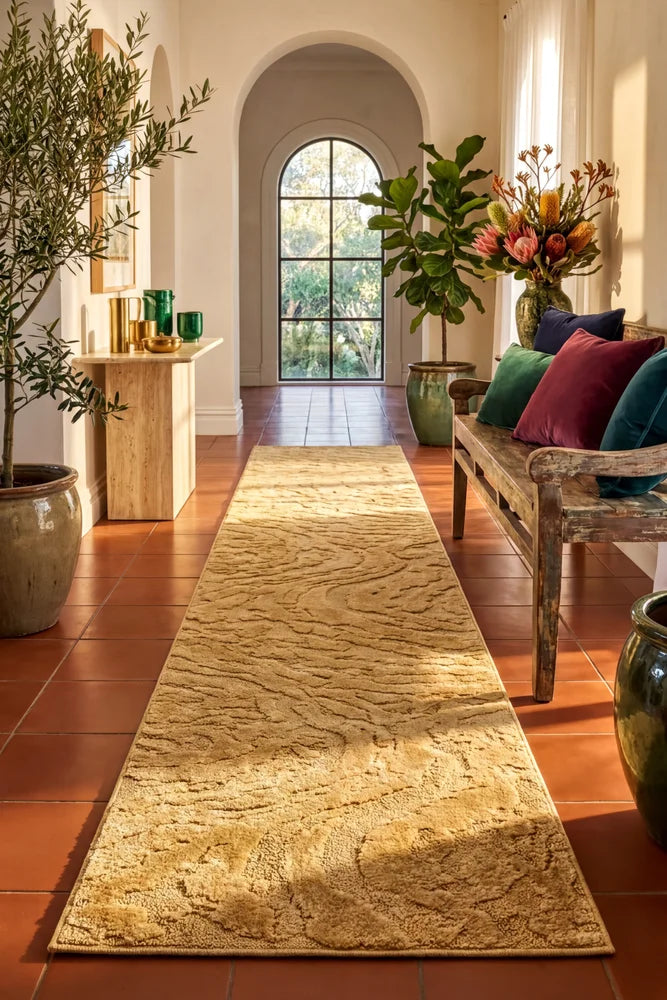 Haven Nyla Gold Runner Rug — AI styled visualisation