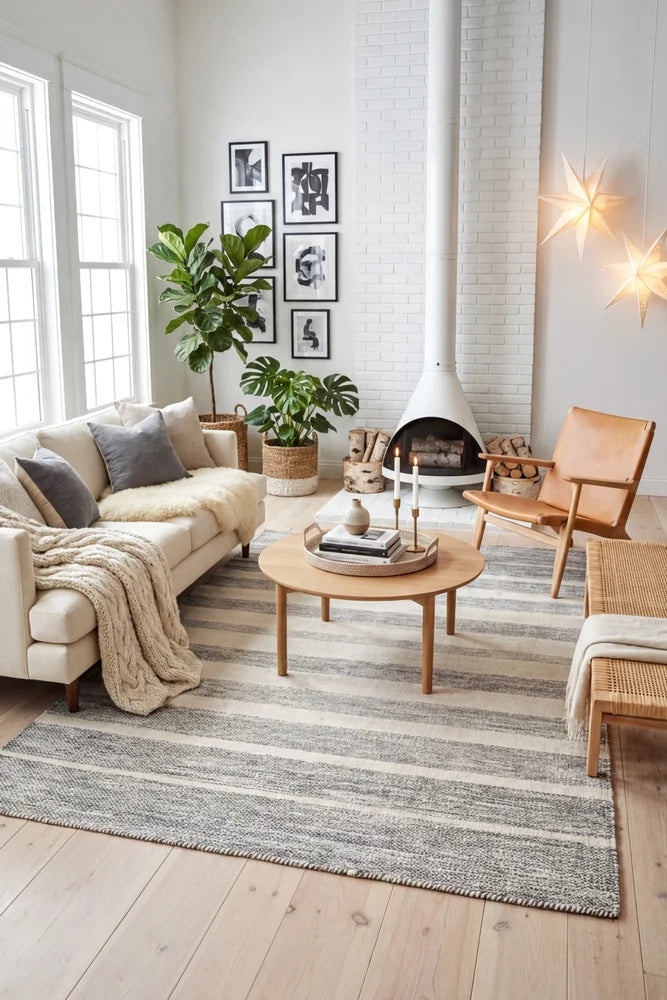 Helsinki Grey Flatweave Rug — AI styled visualisation