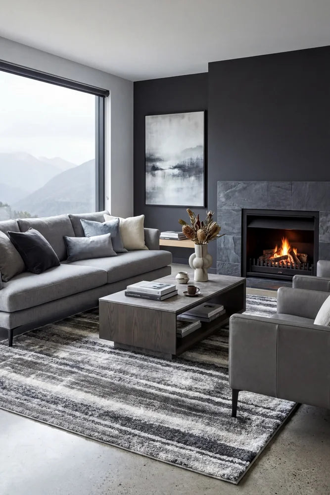 Himali Baley Slate Rug — AI styled visualisation