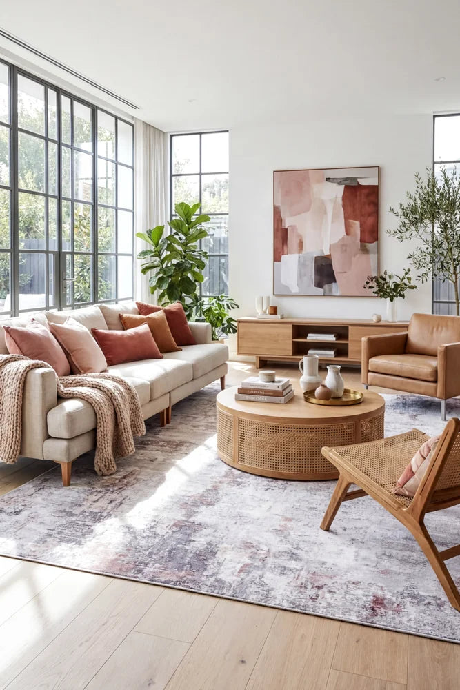 Illusions 156 Blush Rug — AI styled visualisation