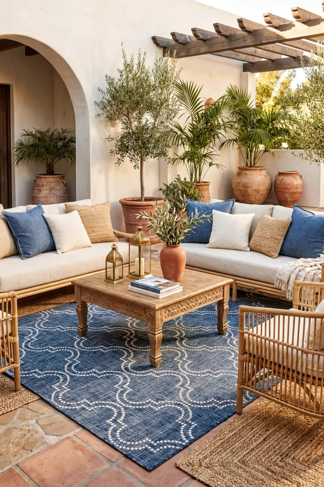 Jinju Blue Outdoor Rug — styled outdoor setting