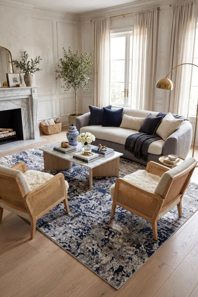 Kendra Casper Distressed Modern Rug Blue Grey White — AI styled visualisation