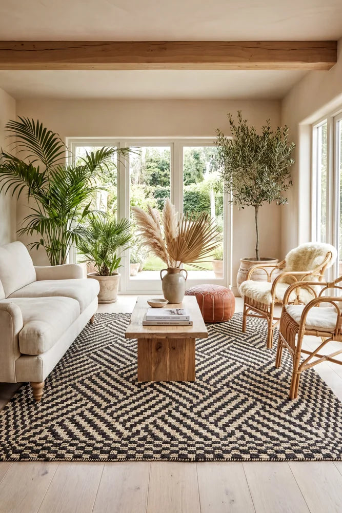 Kenya Kimi Hand Woven Tribal Jute Rug — AI styled visualisation