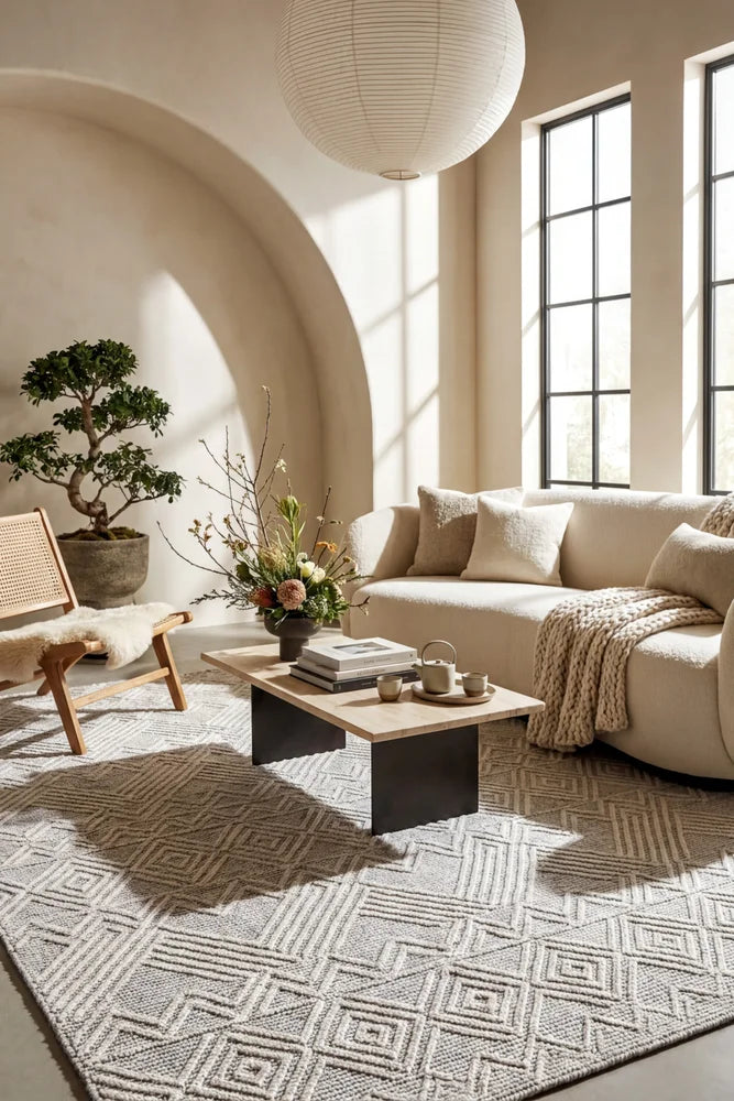 Maison Kate Grey Wool Rug — AI styled visualisation