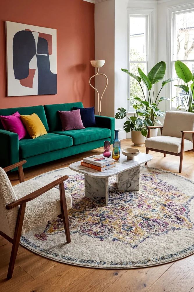 Museum Kendall Bone Round Rug — AI styled visualisation