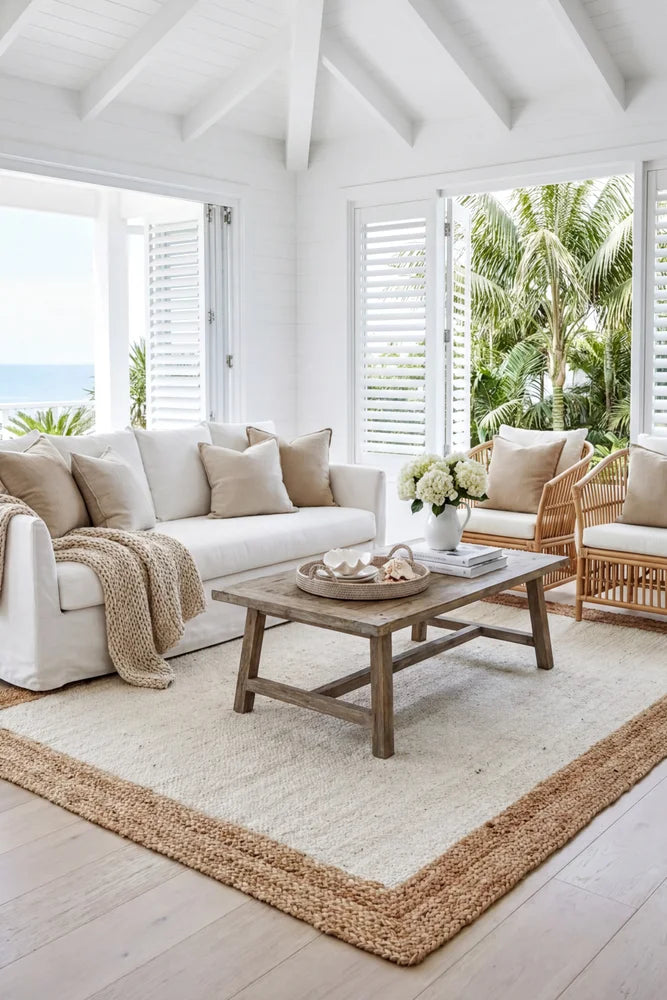 Noosa 333 White Natural Rug — AI styled visualisation
