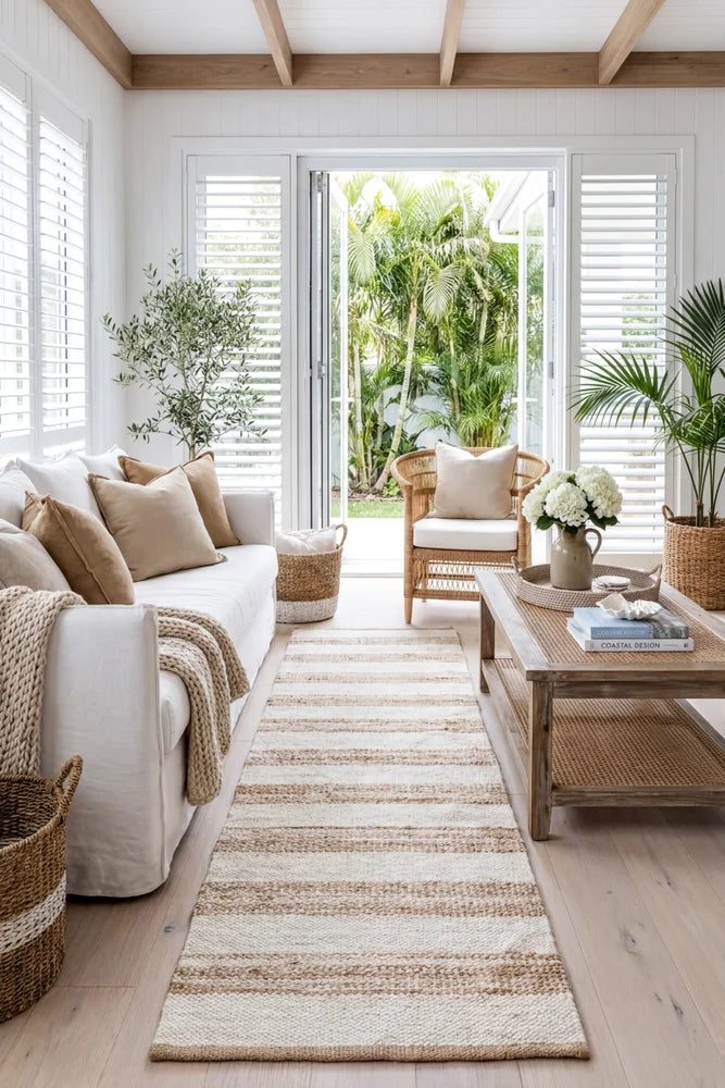 Noosa 555 Natural White Runner Rug — AI styled visualisation