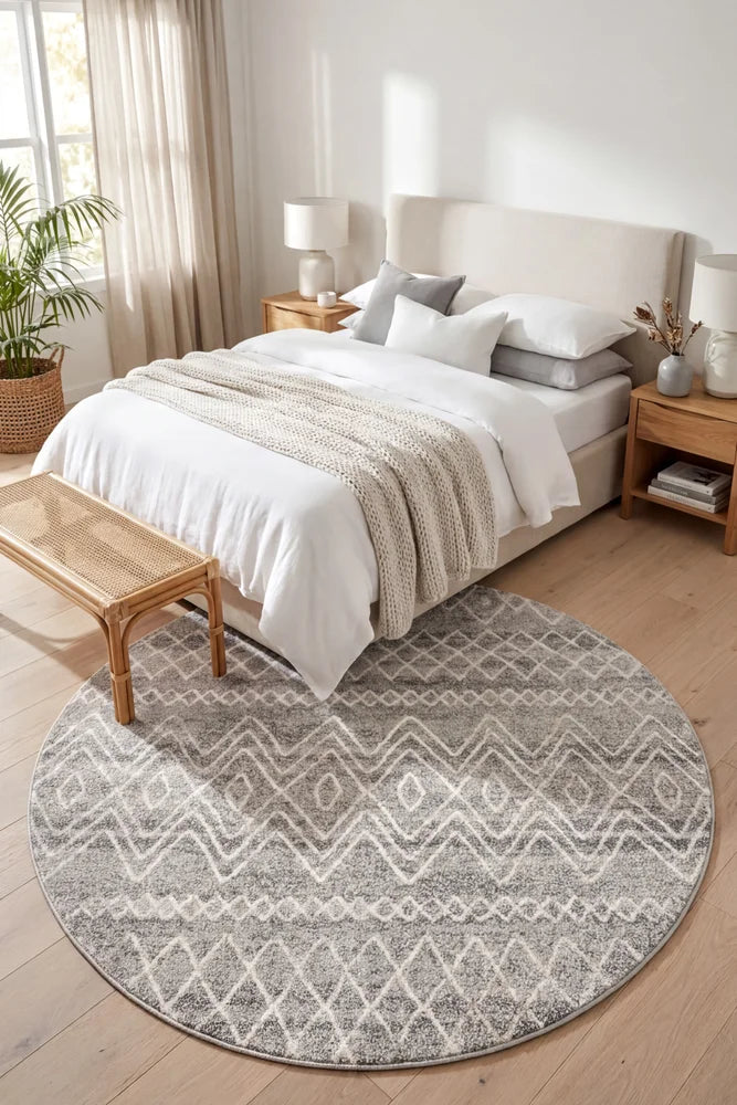 Oasis Nadia Grey Rustic Tribal Round Rug — AI styled visualisation