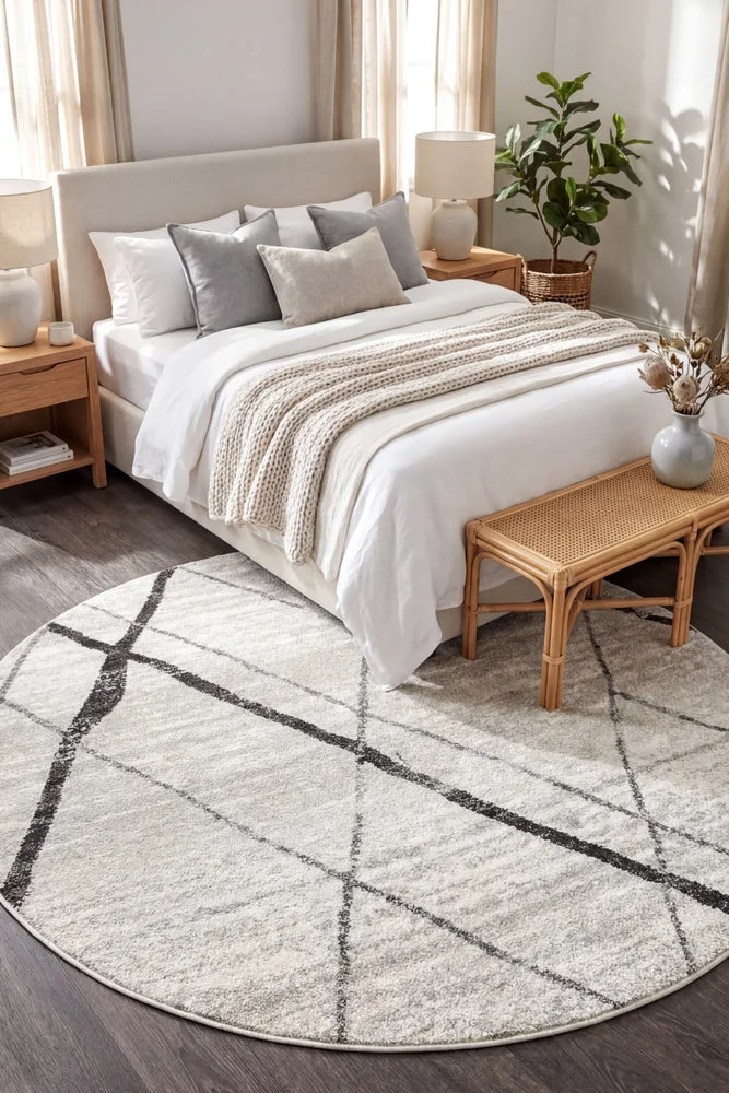 Oasis Noah White Grey Contemporary Round Rug — AI styled visualisation
