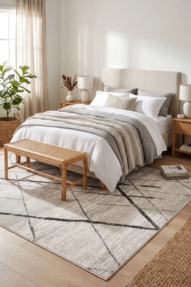 Oasis Noah White Grey Contemporary Rug — AI styled visualisation