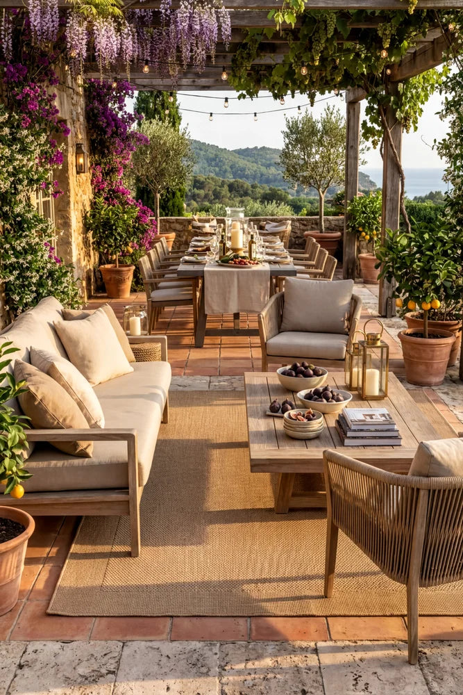 Alfresco 226 Sand Outdoor Rug — styled outdoor setting