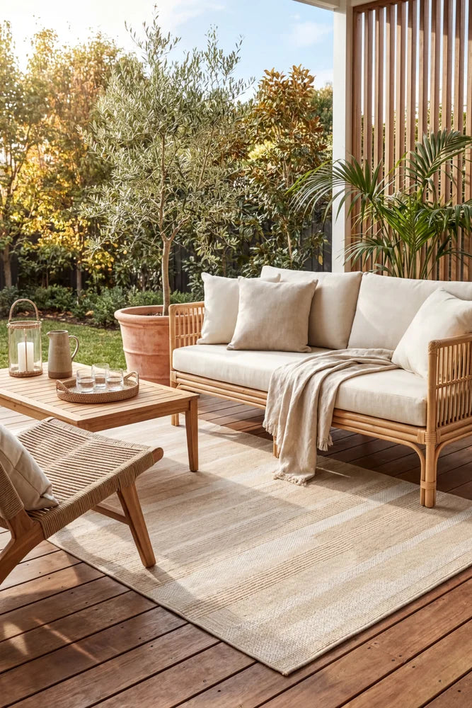 Patio Tilda Natural Indoor Outdoor Rug — styled outdoor setting