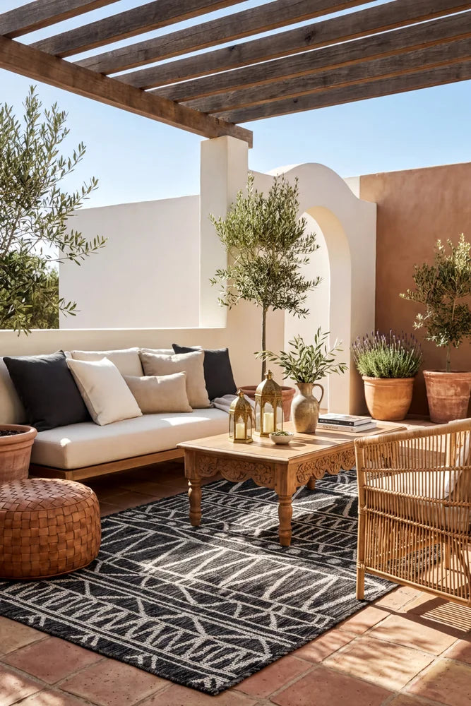 Perla Tribal Outdoor Rug — styled outdoor setting