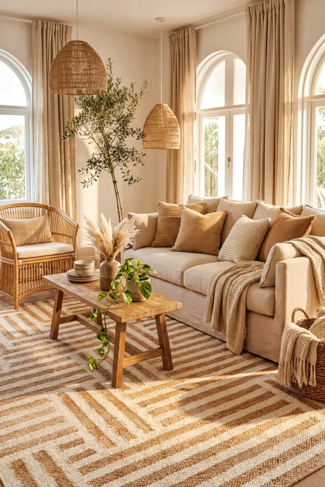 Sahara Arman Natural Rug — AI styled visualisation