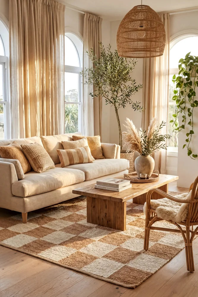Sahara Rocco Natural Rug — AI styled visualisation