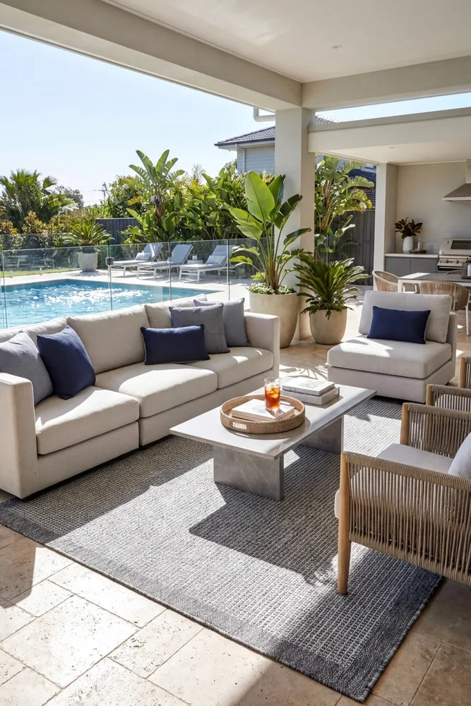 Alaska Indoor Outdoor 03 Light Grey Rug — styled outdoor setting