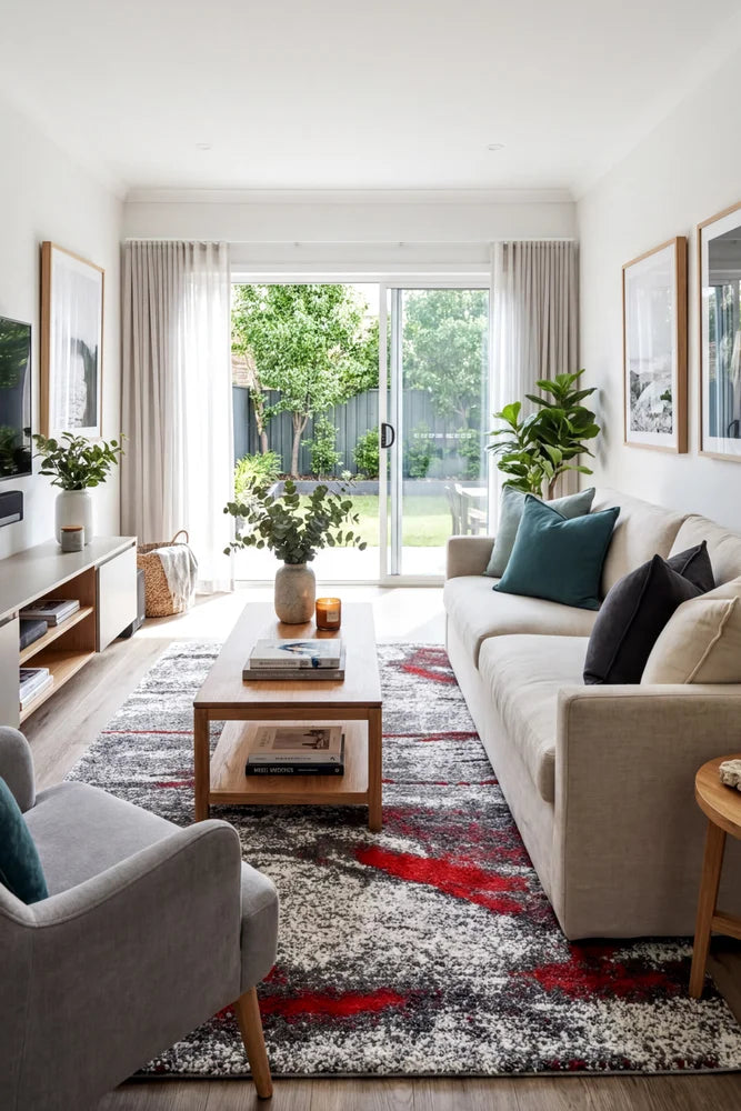 Dahlia 176 Grey Red Rug — AI styled visualisation