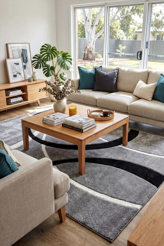 Dahlia 798 Grey Rug — AI styled visualisation