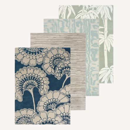 Florence Broadhurst designer rugs featuring Japanese Floral, bamboo and spot patterns in navy and green