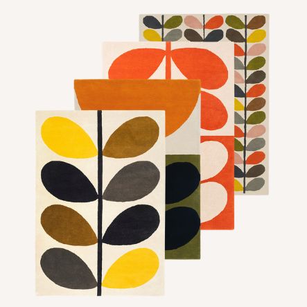 Orla Kiely designer rugs featuring the iconic Multi Stem leaf pattern in yellow, orange and grey