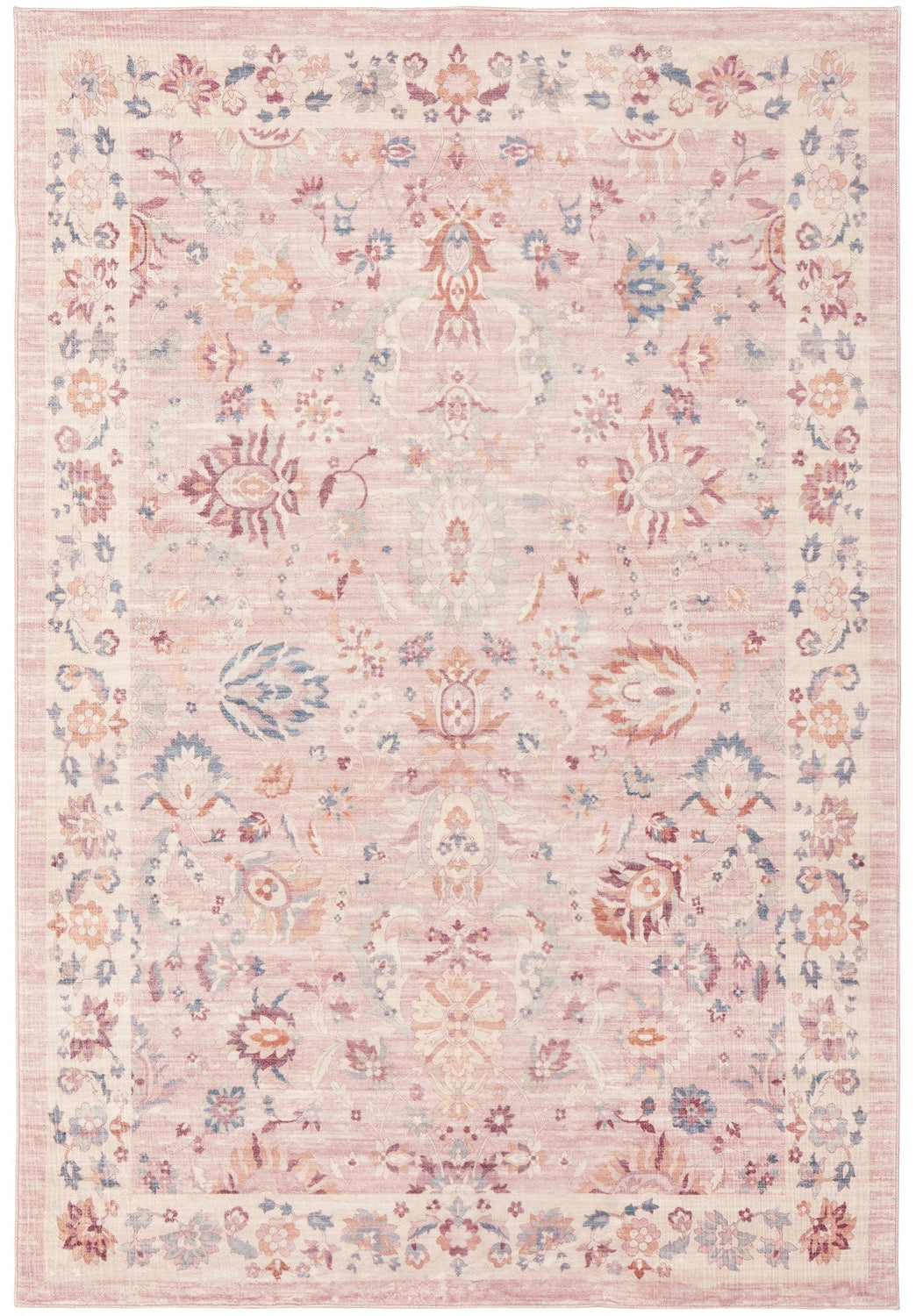 Revive Amira Pink Washable Rug, in light pink floral pattern with a cream outer border.   