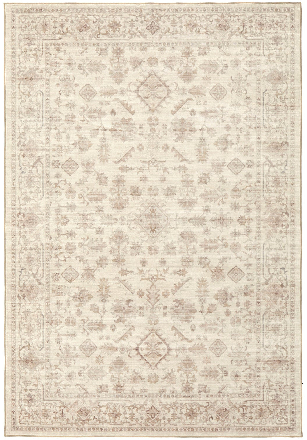 Revive Skye Natural Washable Rug, in cream and beige traditional vintage oriental pattern with ornate border.
