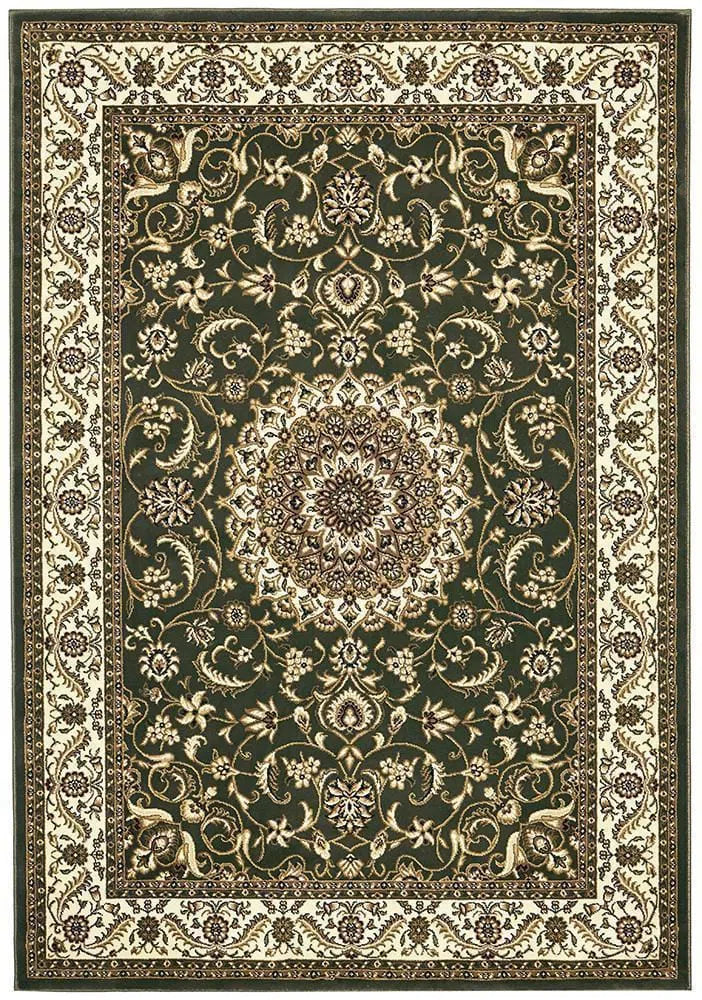 Sydney Collection Medallion Rug Green With Ivory Border
