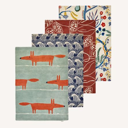 Scion designer rugs including the Mr Fox rug with orange foxes, plus wave and botanical patterns