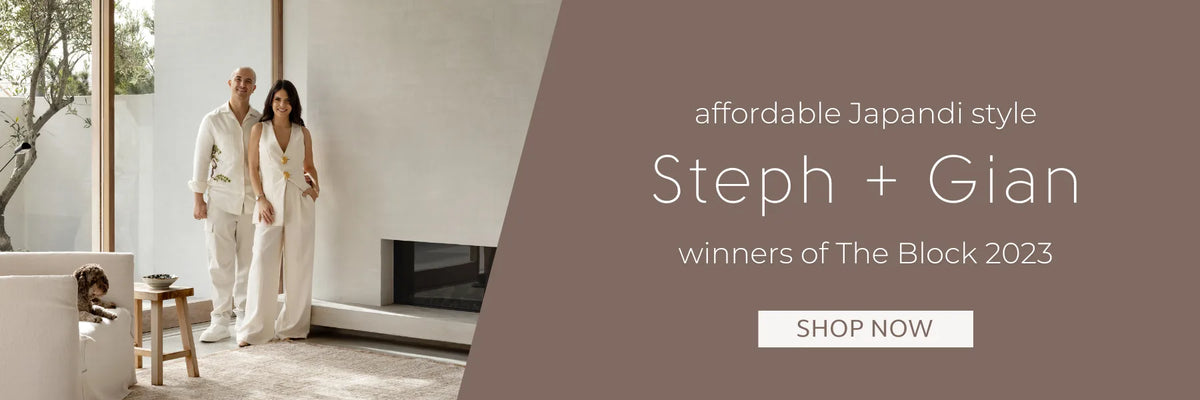 The Block 2023 winners Steph and Gian in a Japandi-style living room with an affordable neutral rug