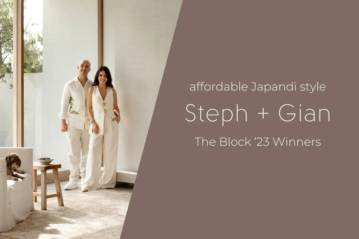 The Block 2023 winners Steph and Gian in a Japandi-style living room with an affordable neutral rug