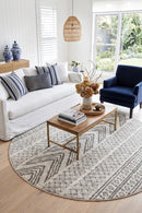 Adani Modern Tribal Design Grey Round Rug — AI styled visualisation